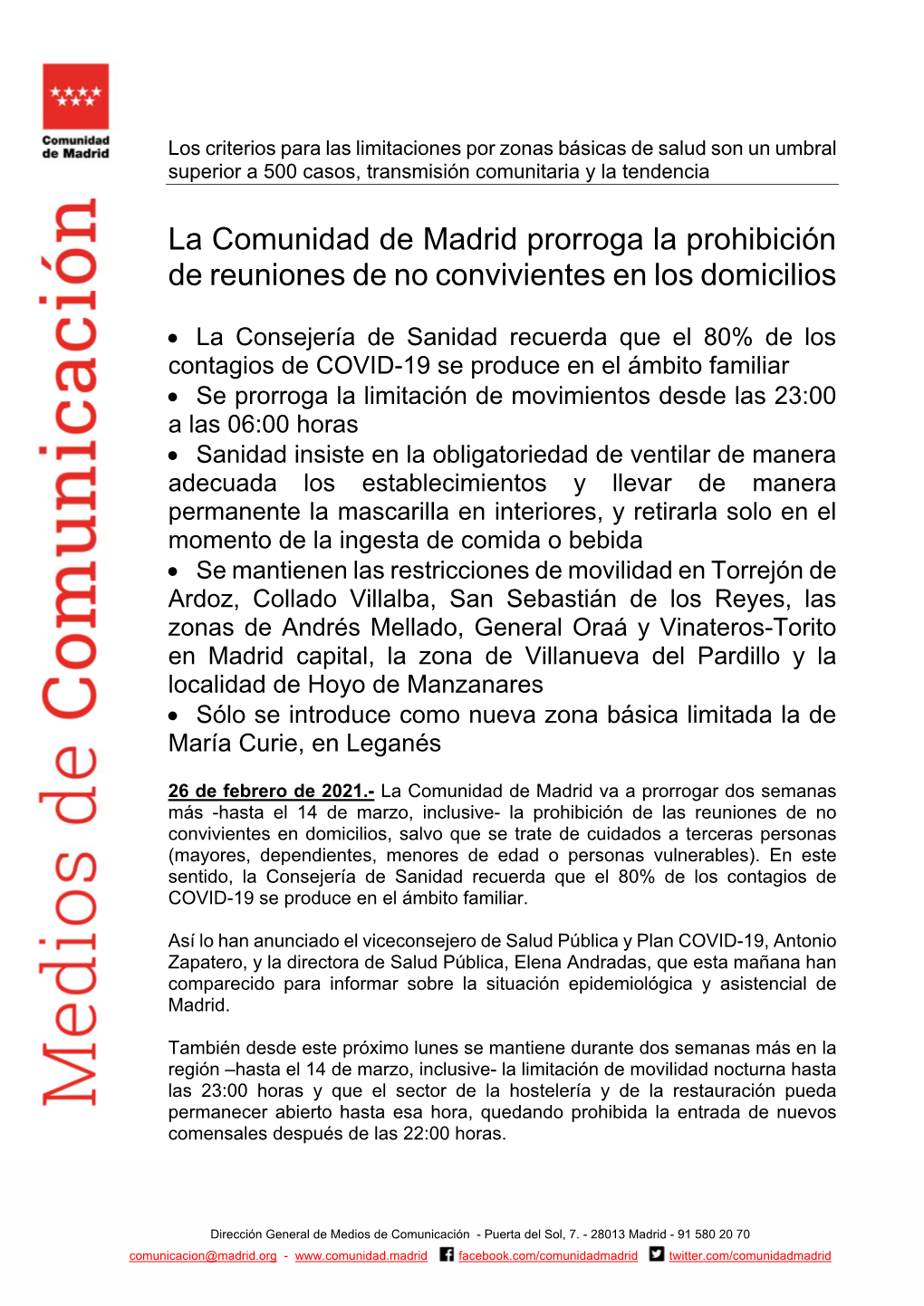 La Comunidad De Madrid Prorroga La Prohibición De Reuniones De No Convivientes En Los Domicilios