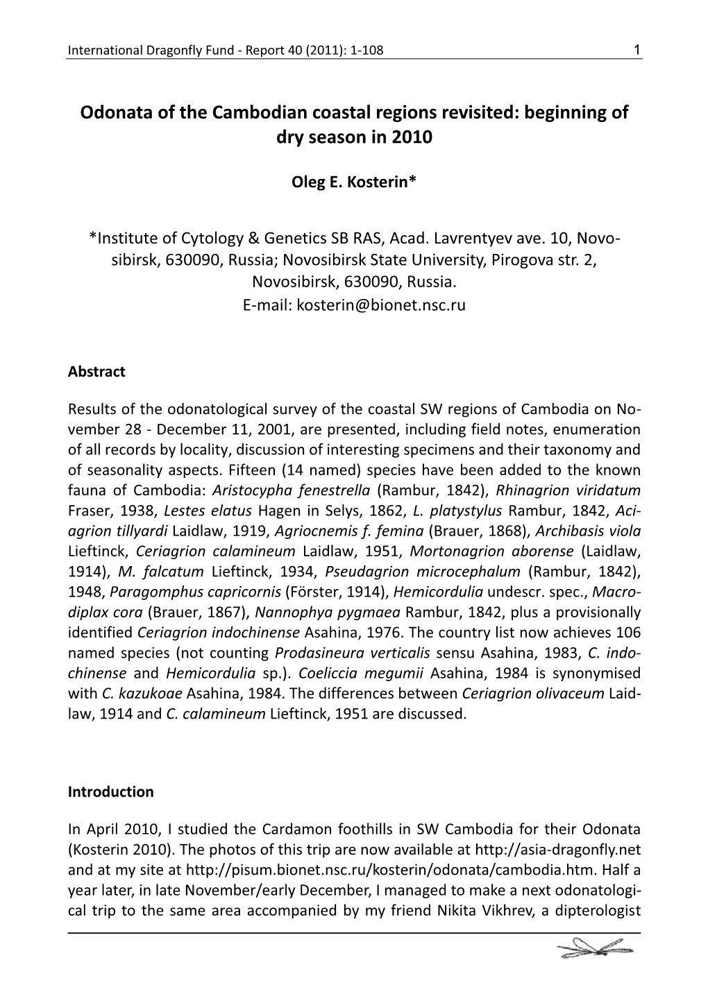 Odonata of the Cambodian Coastal Regions Revisited: Beginning of Dry Season in 2010