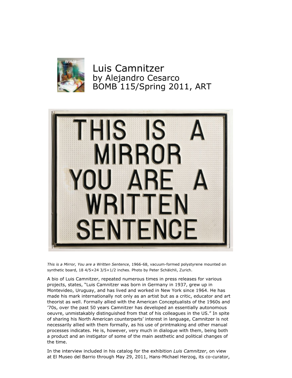 Luis Camnitzer by Alejandro Cesarco BOMB 115/Spring 2011, ART