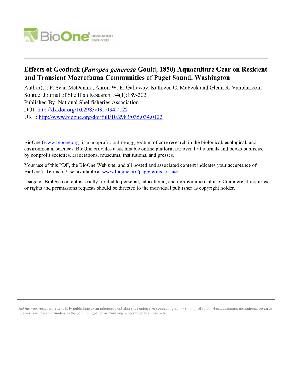 Effects of Geoduck (Panopea Generosa Gould, 1850) Aquaculture Gear on Resident and Transient Macrofauna Communities of Puget Sound, Washington Author(S): P