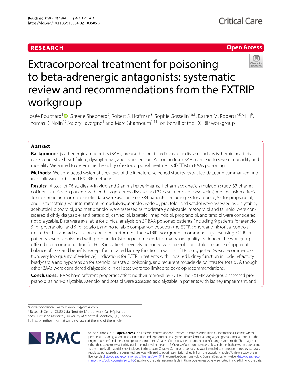 Extracorporeal Treatment for Poisoning to Beta-Adrenergic Antagonists