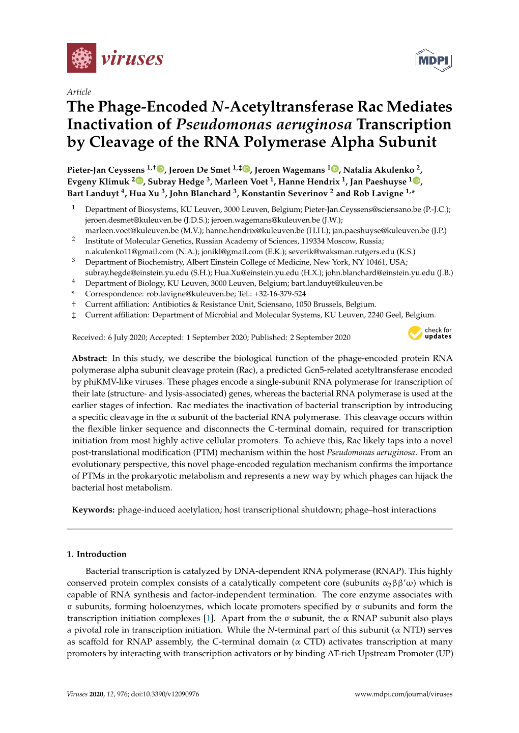 The Phage-Encoded N-Acetyltransferase Rac Mediates Inactivation of Pseudomonas Aeruginosa Transcription by Cleavage of the RNA Polymerase Alpha Subunit