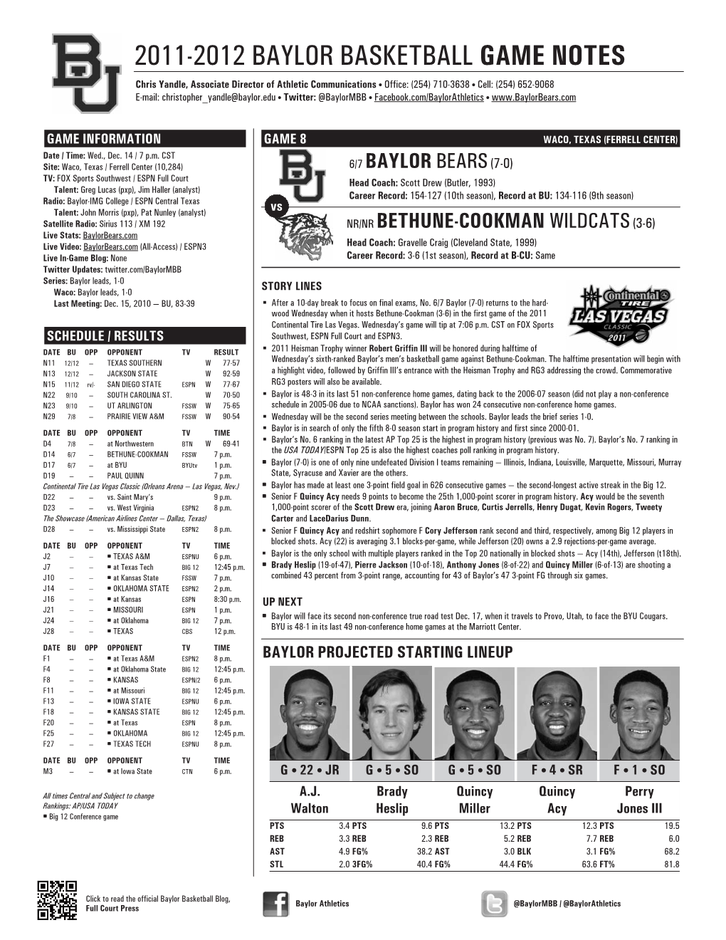 2011-2012 Baylor Basketball Game Notes