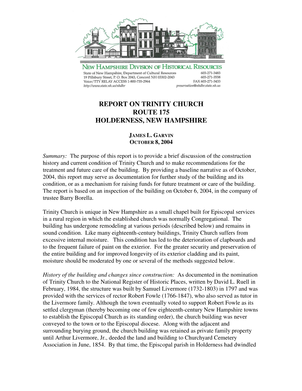 Report on Trinity Church Route 175 Holderness, New Hampshire