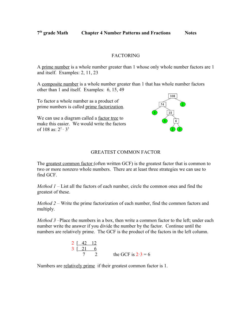 7Th Grade Math Chapter 4 Number Patterns and Fractions Notes