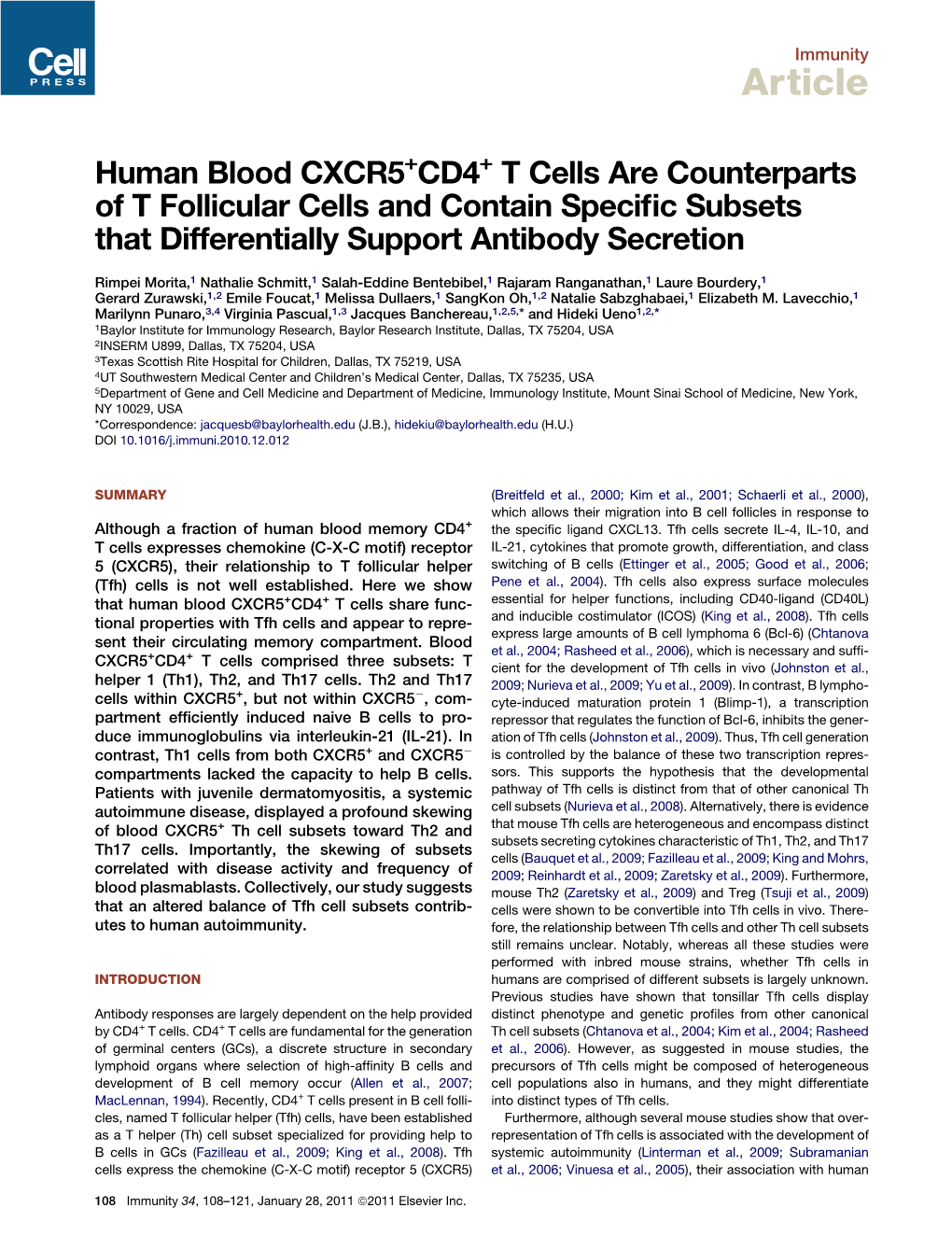 Human Blood CXCR5+CD4+ T Cells Are Counterparts of T Follicular Cells and Contain Speciﬁc Subsets That Differentially Support Antibody Secretion