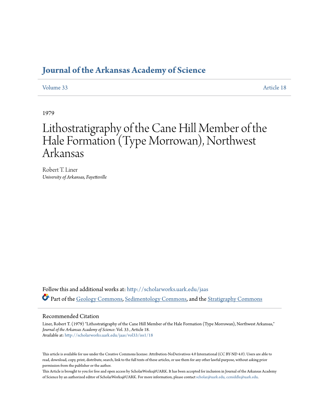 Lithostratigraphy of the Cane Hill Member of the Hale Formation (Type Morrowan), Northwest Arkansas Robert T