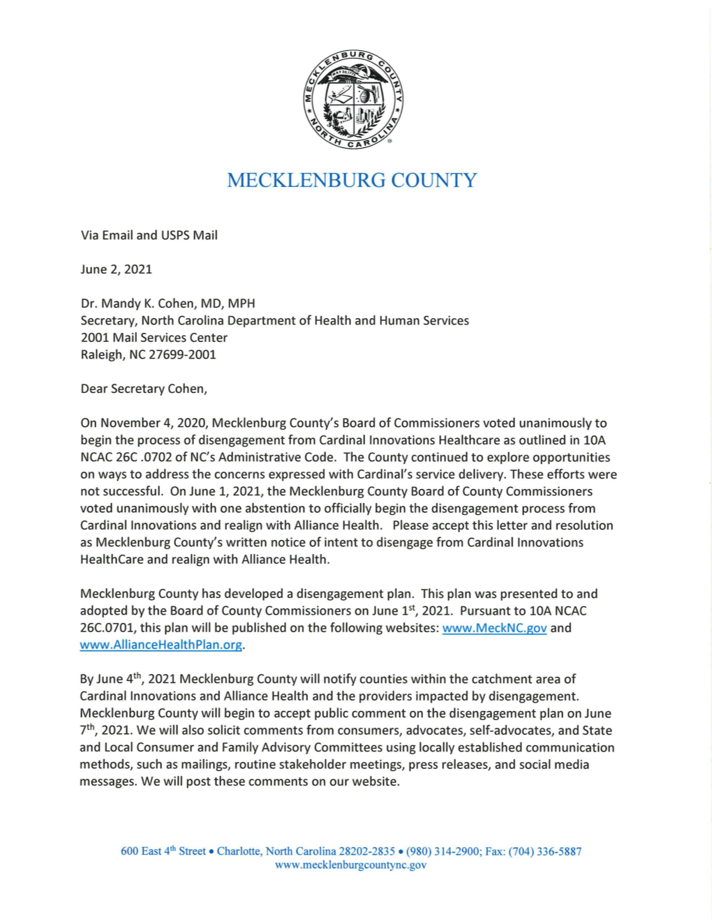 Letter of Intent, and Notify Those Parties Required by Law of Mecklenburg County's Intent to Disengage from Cardinal Innovations Healthcare