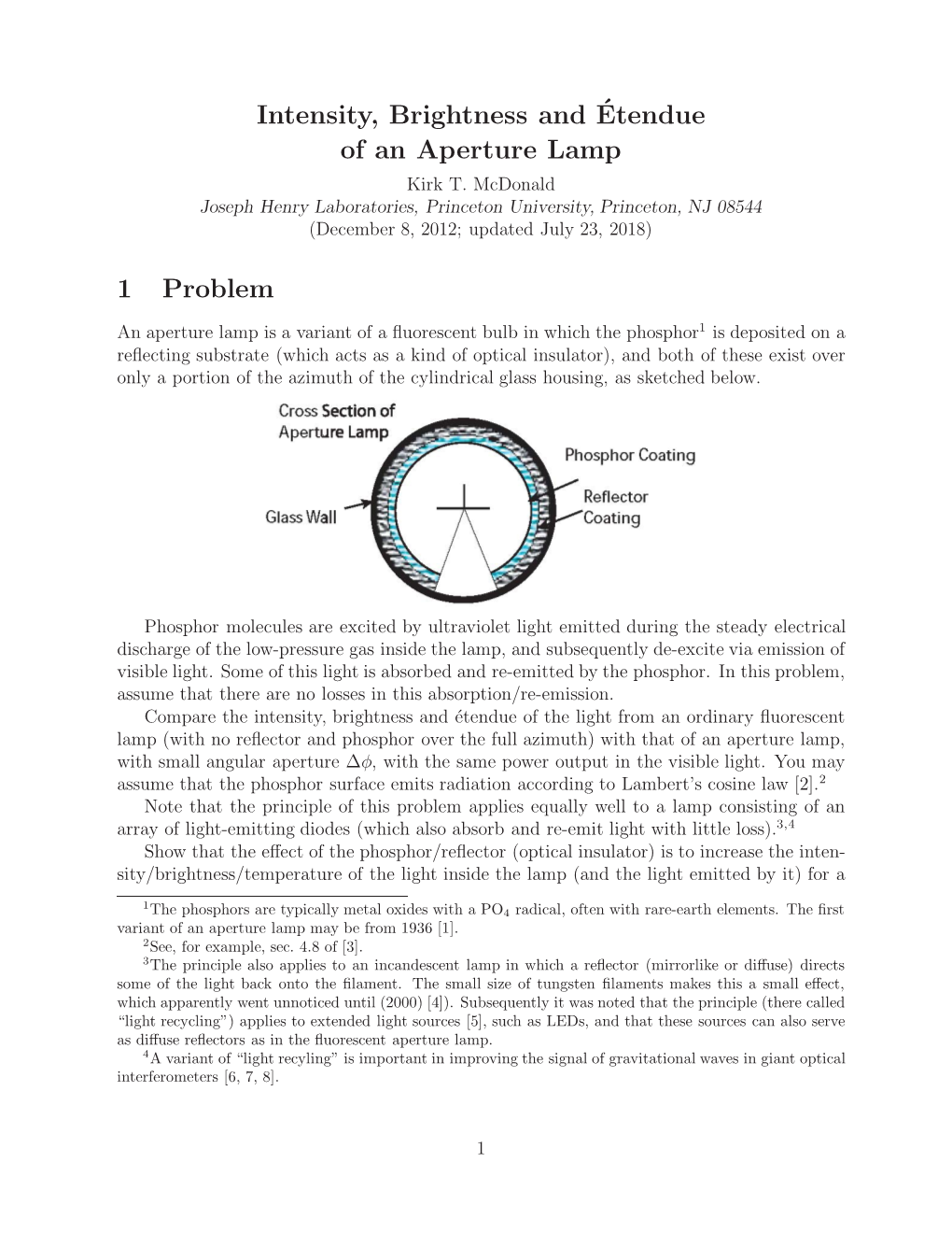 Intensity, Brightness And´Etendue of an Aperture Lamp 1 Problem