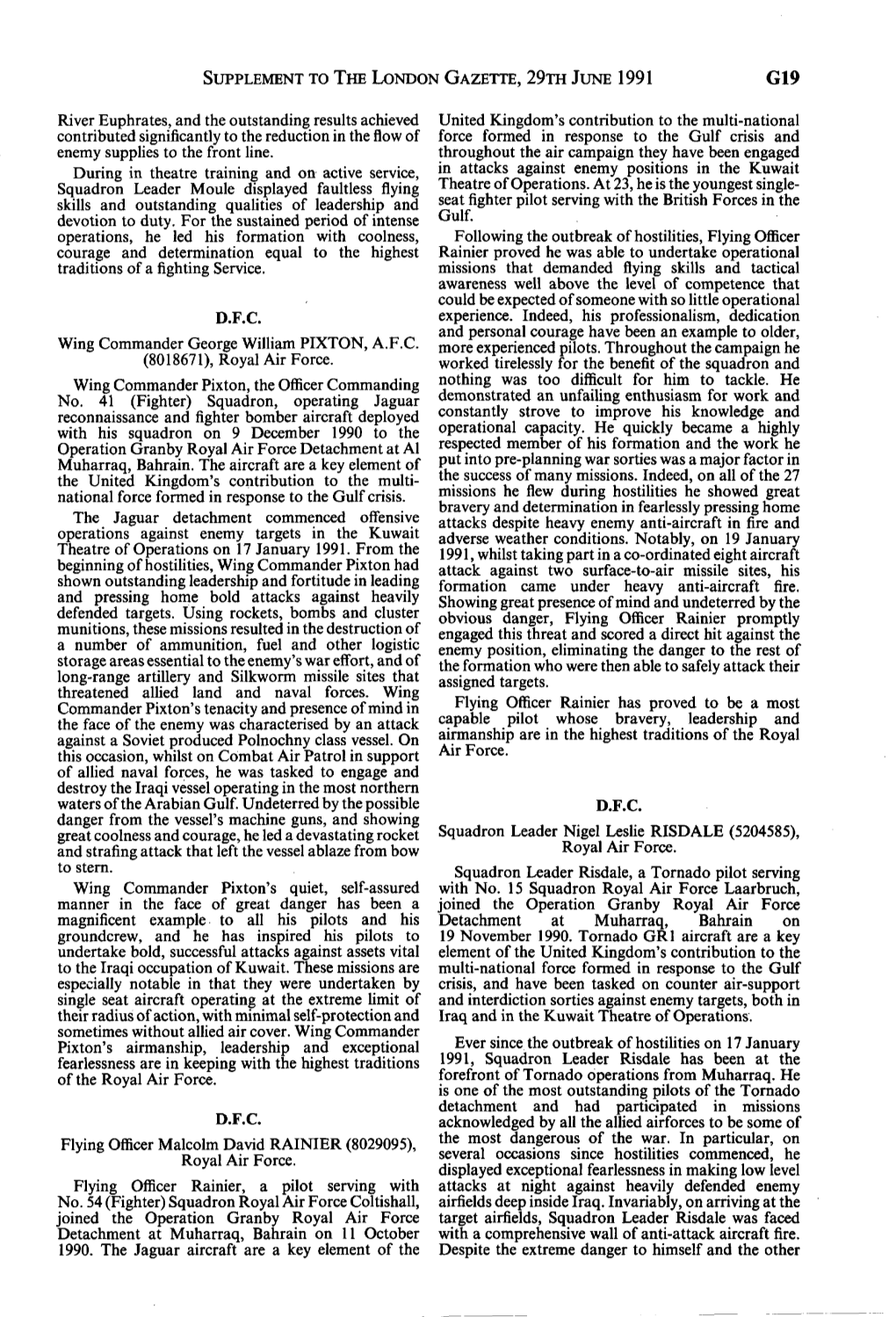 Supplement to the London Gazette, 29Th June 1991 G19