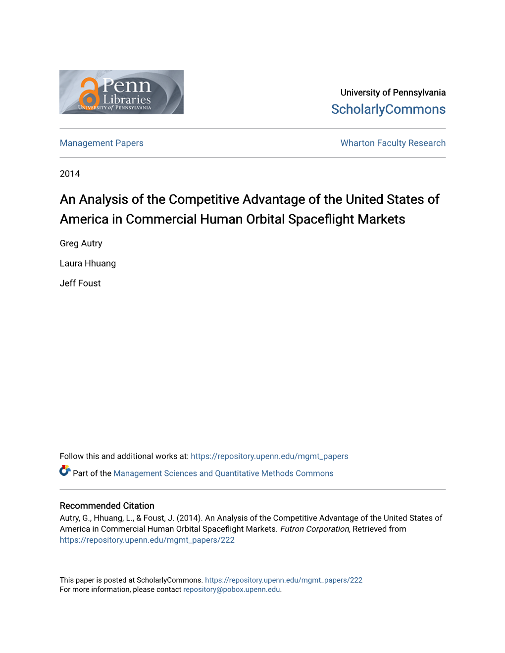 An Analysis of the Competitive Advantage of the United States of America in Commercial Human Orbital Spaceflight Markets