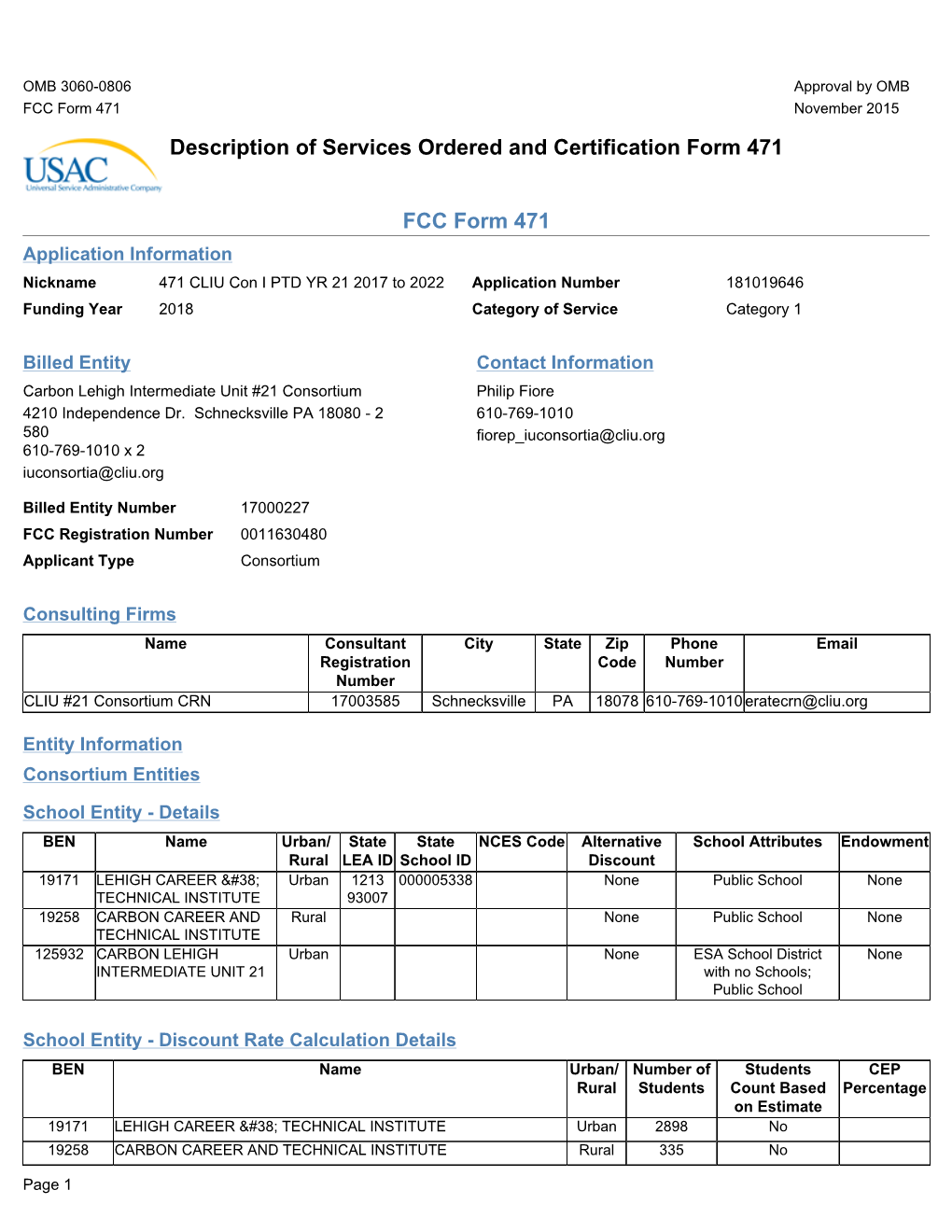 Description of Services Ordered and Certification Form 471 FCC Form