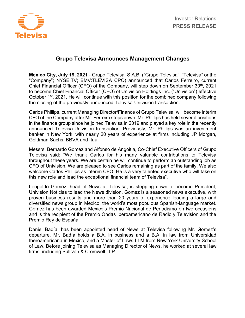 Grupo Televisa Announces Management Changes