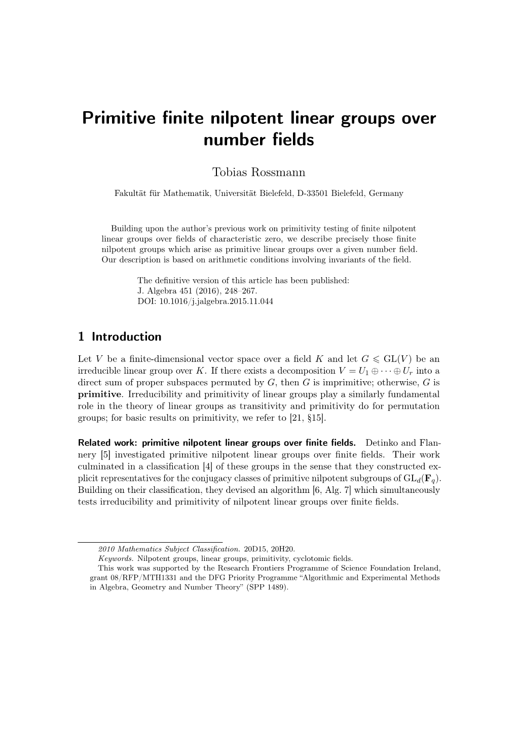 Primitive Finite Nilpotent Linear Groups Over Number Fields
