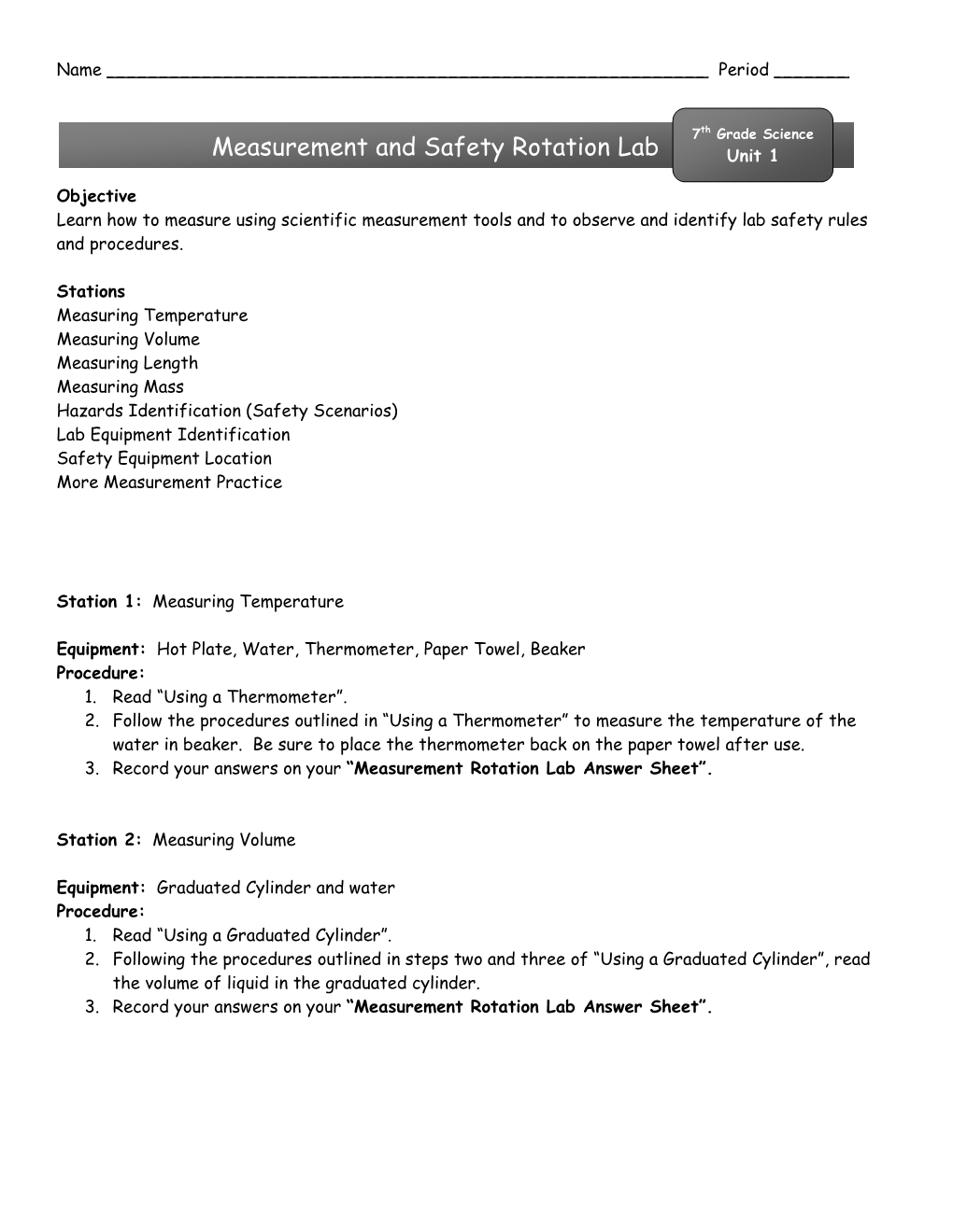 Measurement and Safety Rotation Lab Unit 1