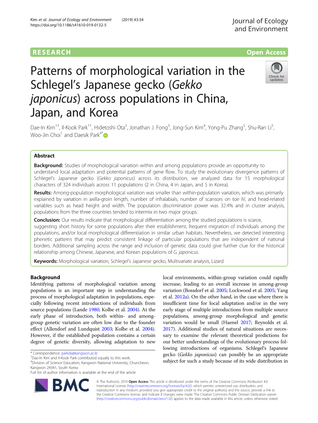 Patterns of Morphological Variation in the Schlegel's Japanese Gecko