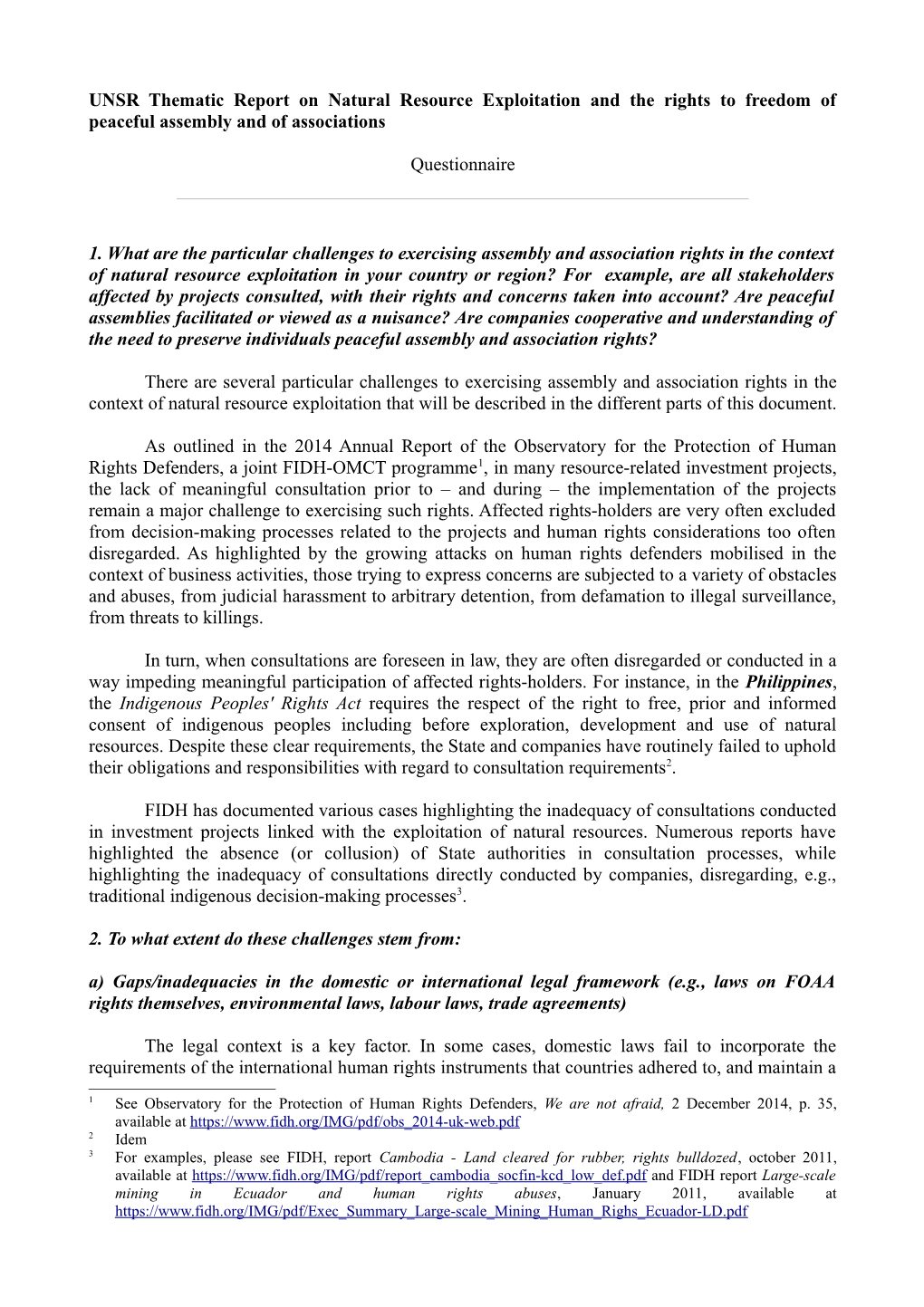 UNSR Thematic Report on Natural Resource Exploitation and the Rights to Freedom of Peaceful Assembly and of Associations Questio