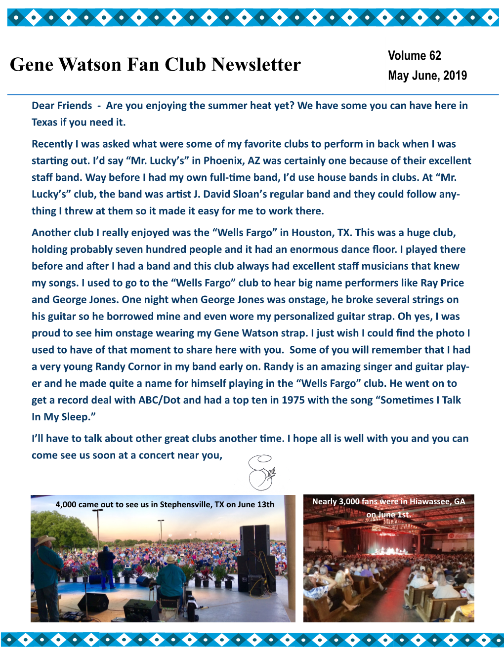 Gene Watson Fan Club Newsletter Volume 62 May June, 2019