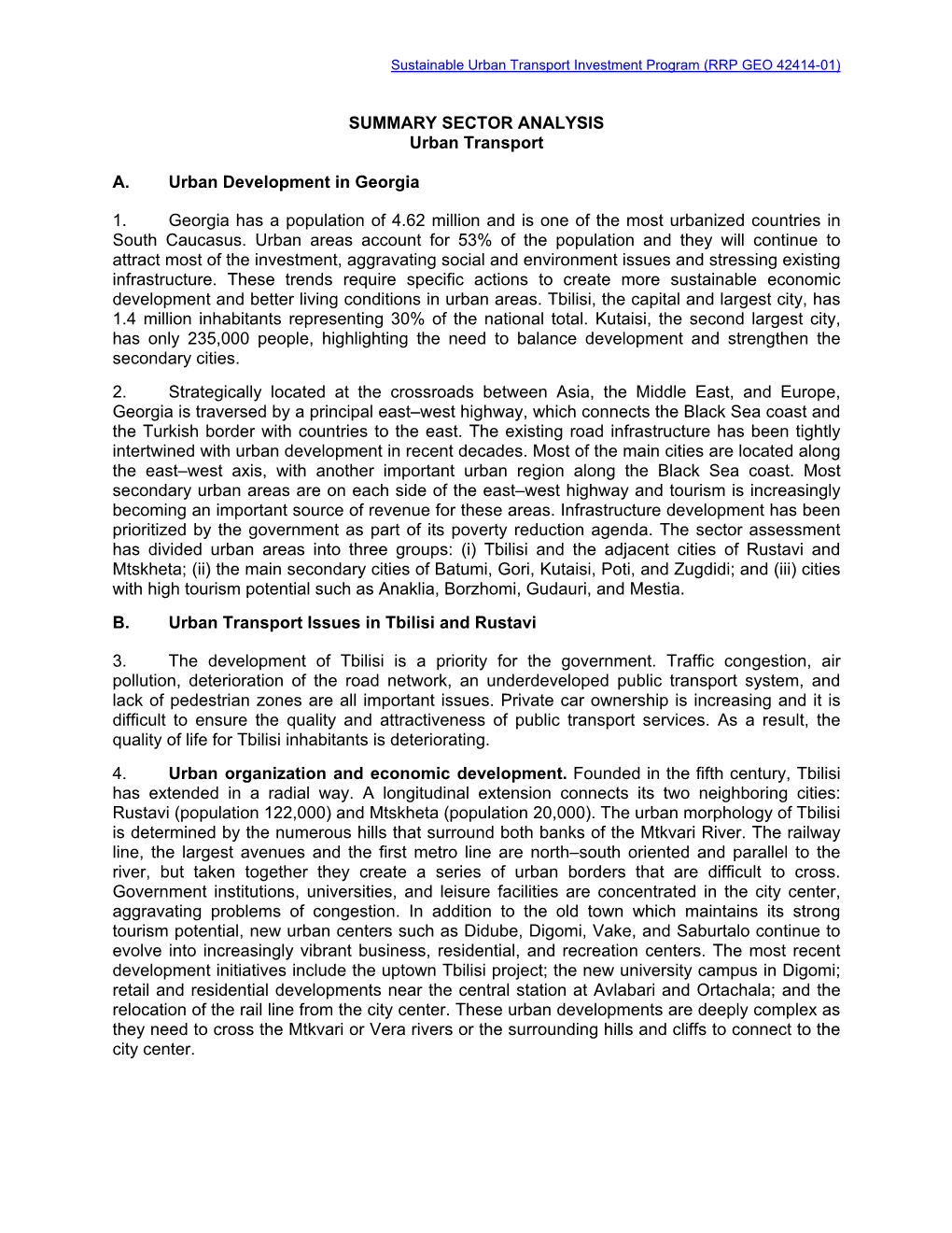 SUMMARY SECTOR ANALYSIS Urban Transport