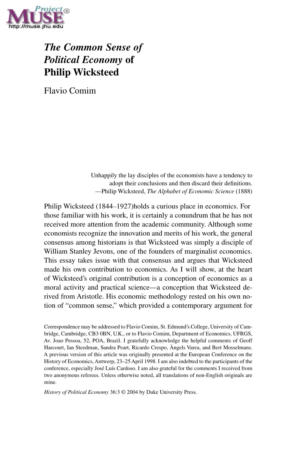 The Common Sense of Political Economy of Philip Wicksteed Flavio Comim