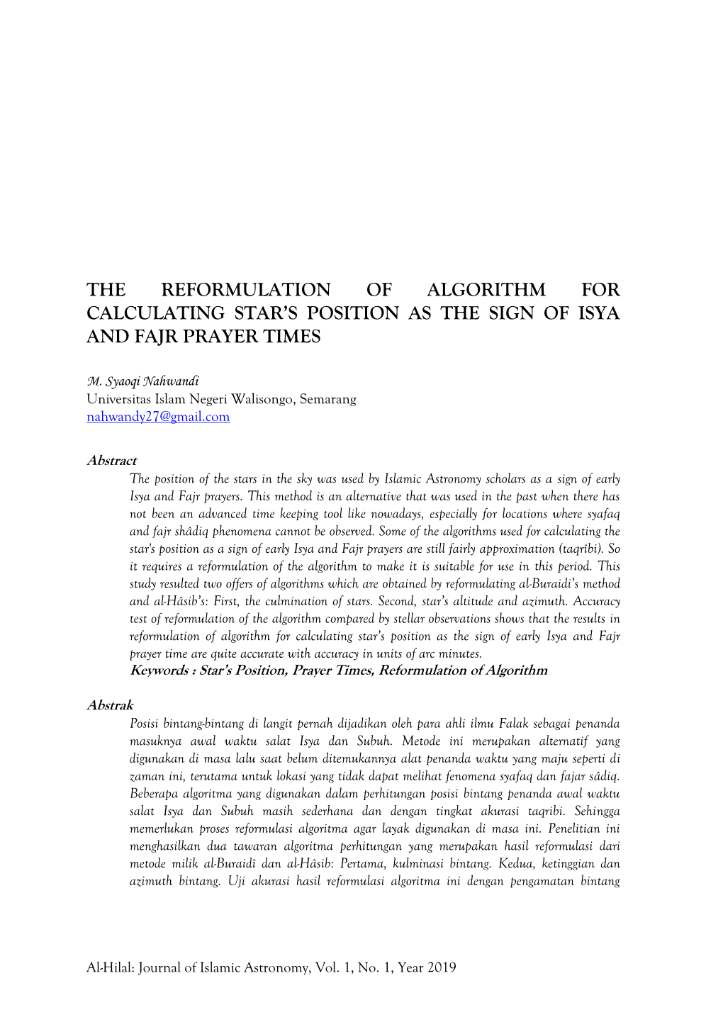 The Reformulation of Algorithm for Calculating Star’S Position As the Sign of Isya and Fajr Prayer Times