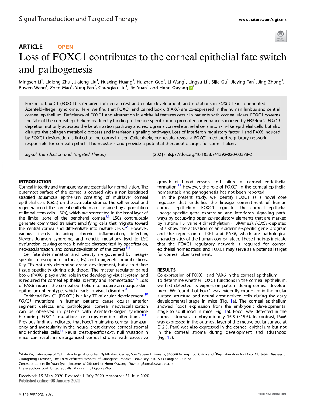 Loss of FOXC1 Contributes to the Corneal Epithelial Fate Switch and Pathogenesis