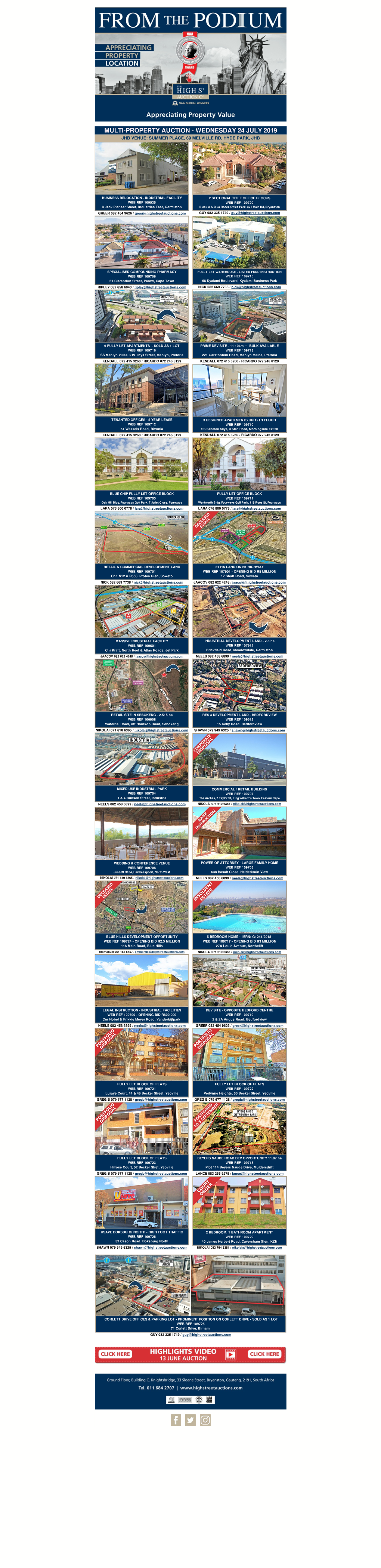 Multi-Property Auction - Wednesday 24 July 2019 Jhb Venue: Summer Place, 69 Melville Rd, Hyde Park, Jhb