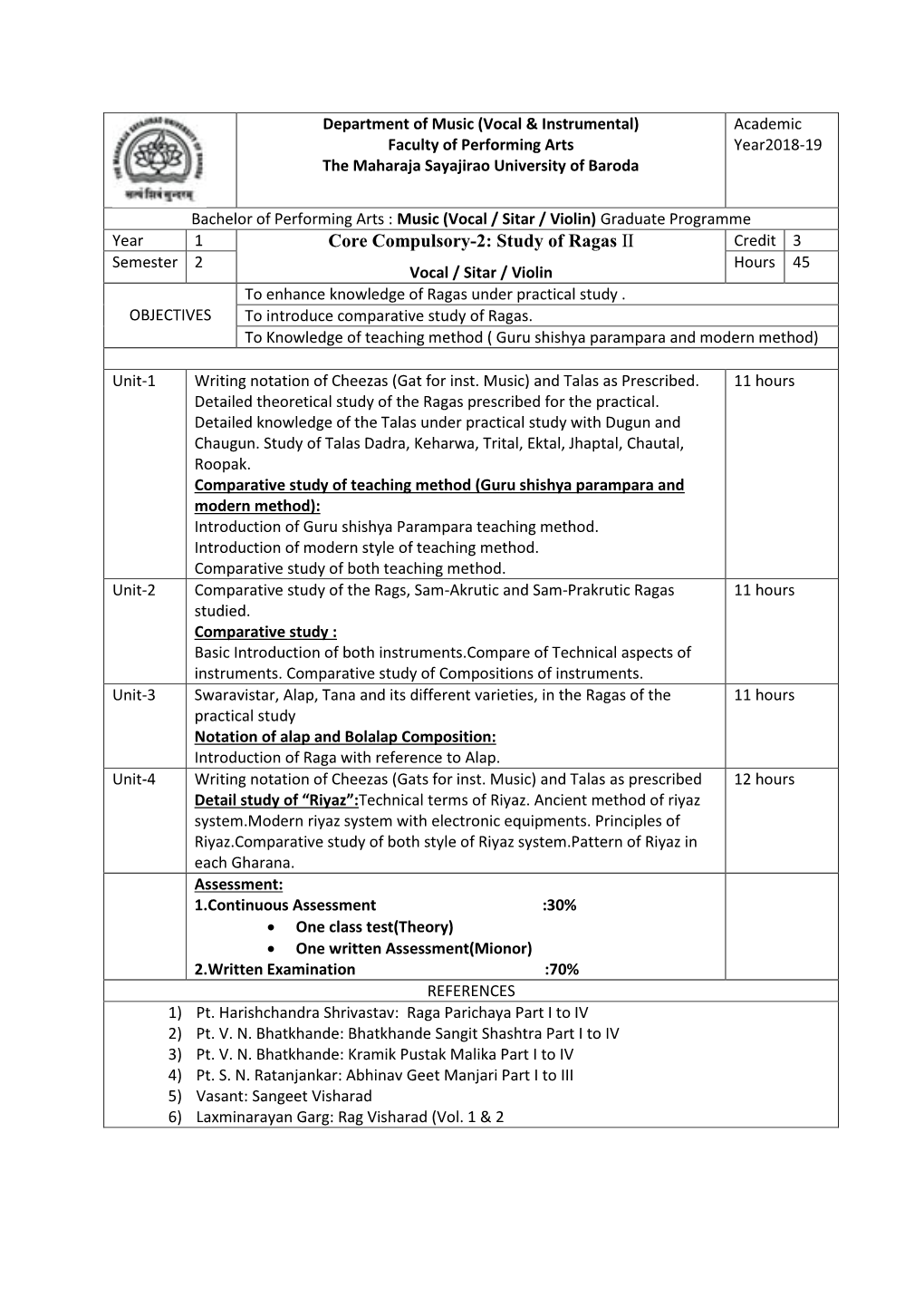 Core Compulsory-2: Study of Ragas II Credit 3 Semester 2 Hours 45 Vocal / Sitar / Violin to Enhance Knowledge of Ragas Under Practical Study