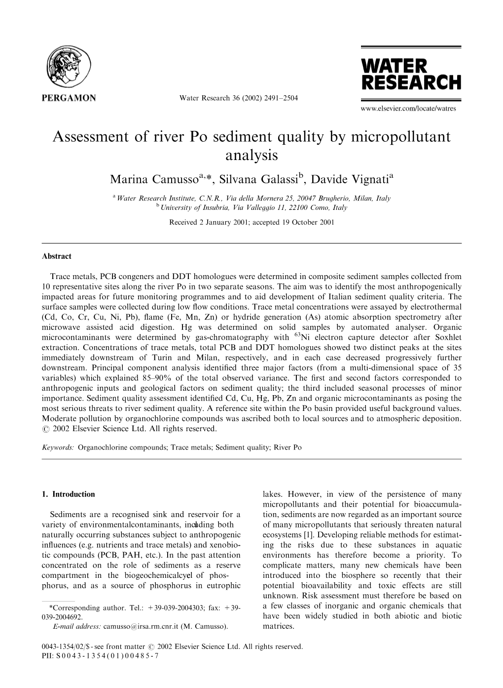 Assessment of River Po Sediment Quality by Micropollutant Analysis Marina Camussoa,*, Silvana Galassib, Davide Vignatia