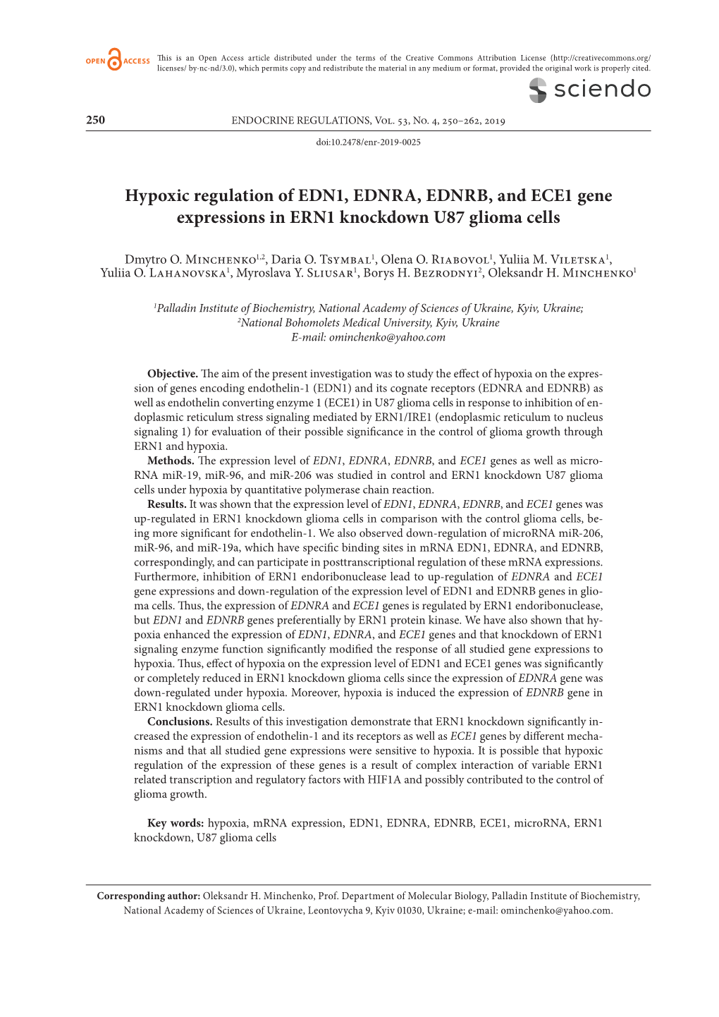 Hypoxic Regulation of EDN1, EDNRA, EDNRB, and ECE1 Gene Expressions in ERN1 Knockdown U87 Glioma Cells