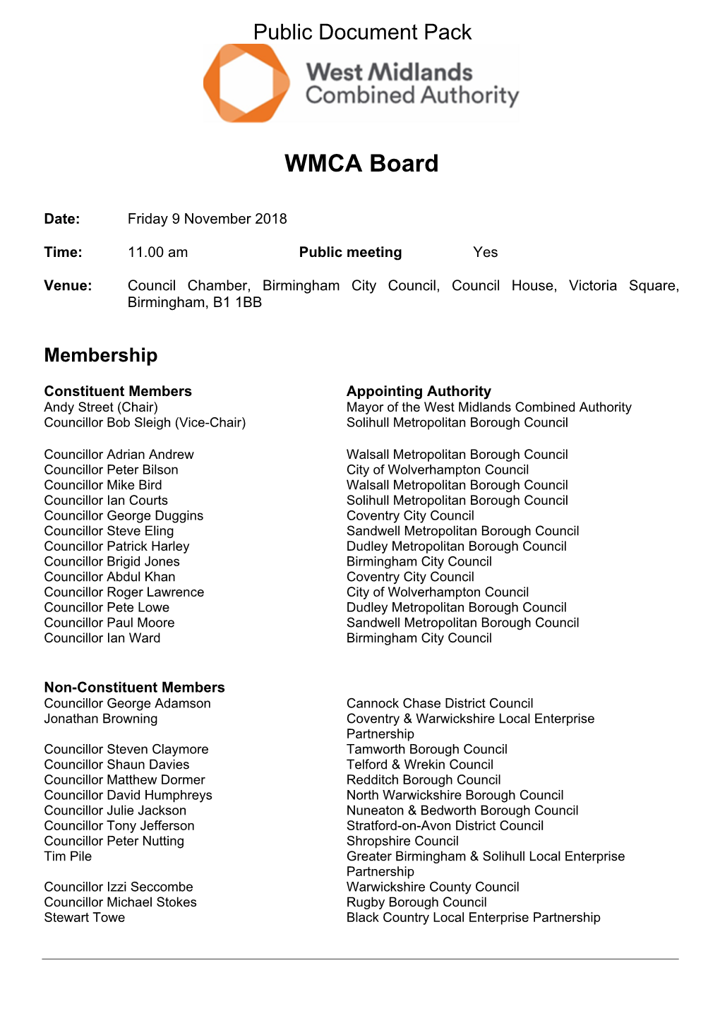 (Public Pack)Agenda Document for WMCA Board, 09/11/2018 11:00