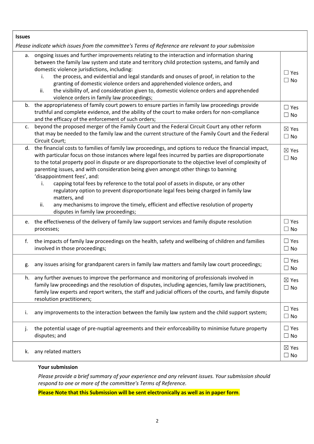 Issues Please Indicate Which Issues from the Committee's Terms of Reference Are Relevant to Your Submission A