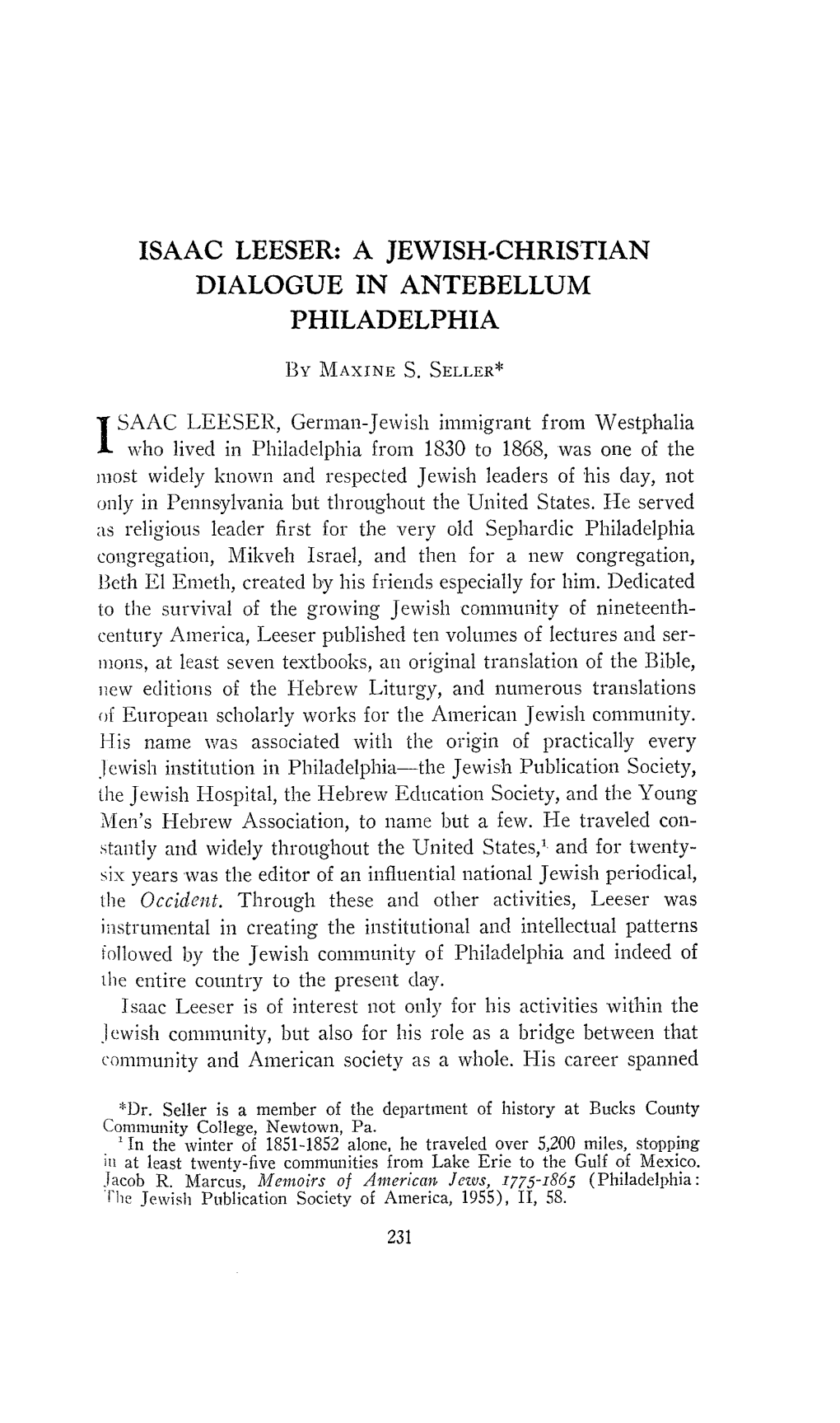 Isaac Leeser: a Jewish-Christian Dialogue in Antebellum Philadelphia