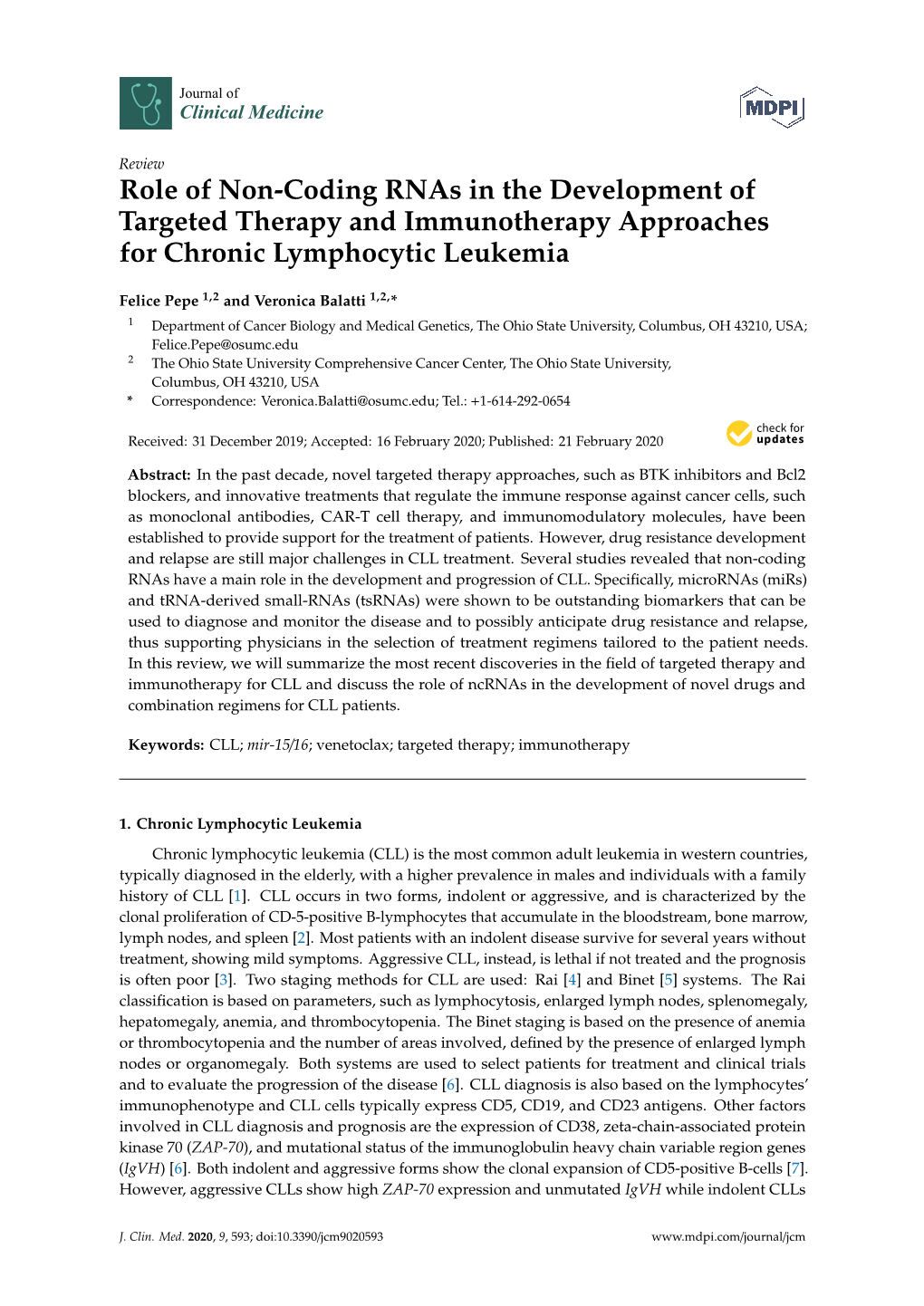 Role of Non-Coding Rnas in the Development of Targeted Therapy and Immunotherapy Approaches for Chronic Lymphocytic Leukemia