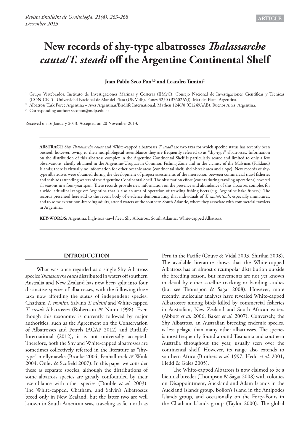 New Records of Shy-Type Albatrosses Thalassarche Cauta/T. Steadi Off the Argentine Continental Shelf