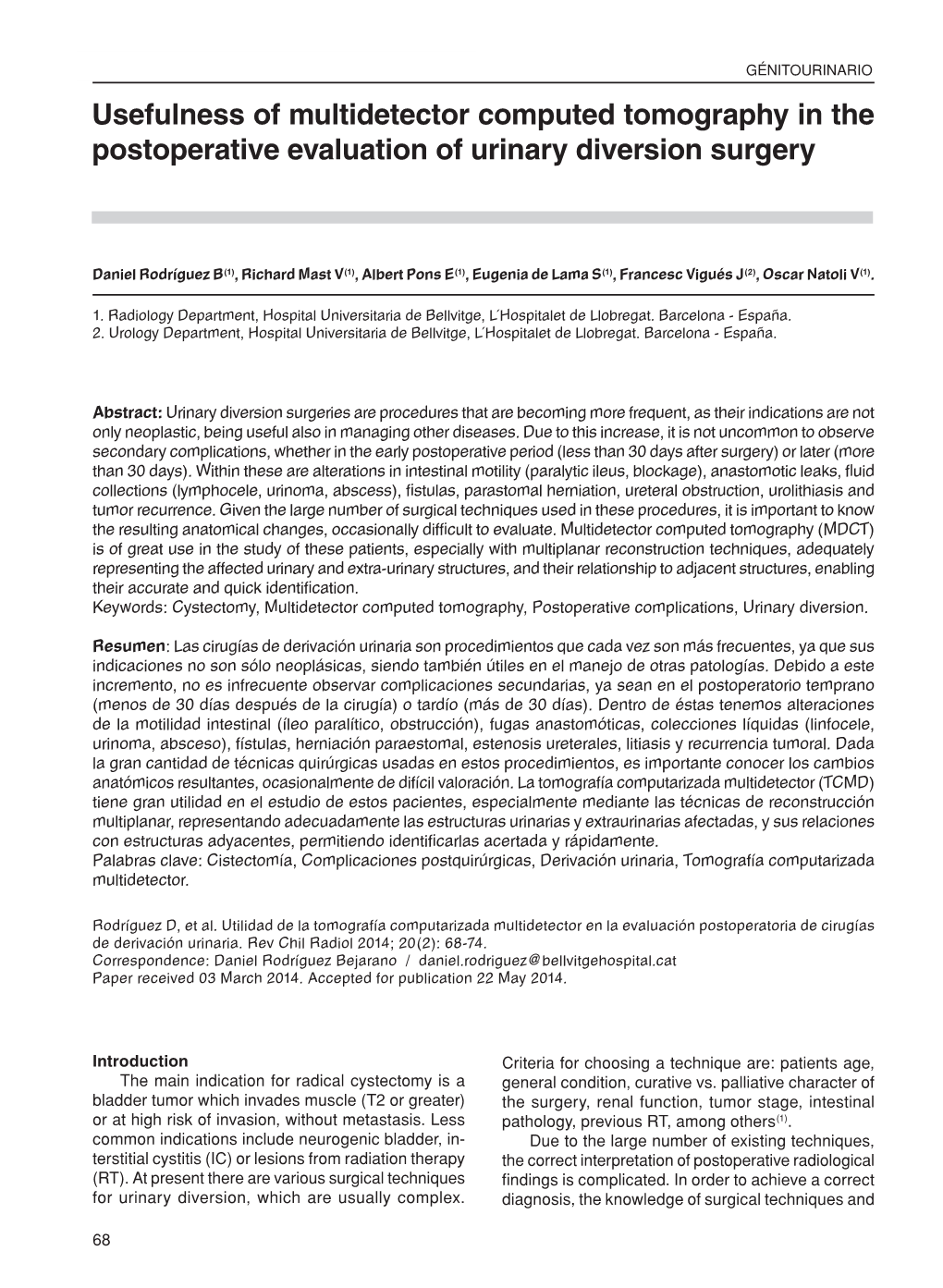 Usefulness of Multidetector Computed Tomography in the Postoperative Evaluation of Urinary Diversion Surgery