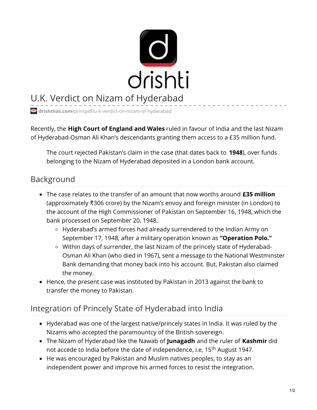 U.K. Verdict on Nizam of Hyderabad