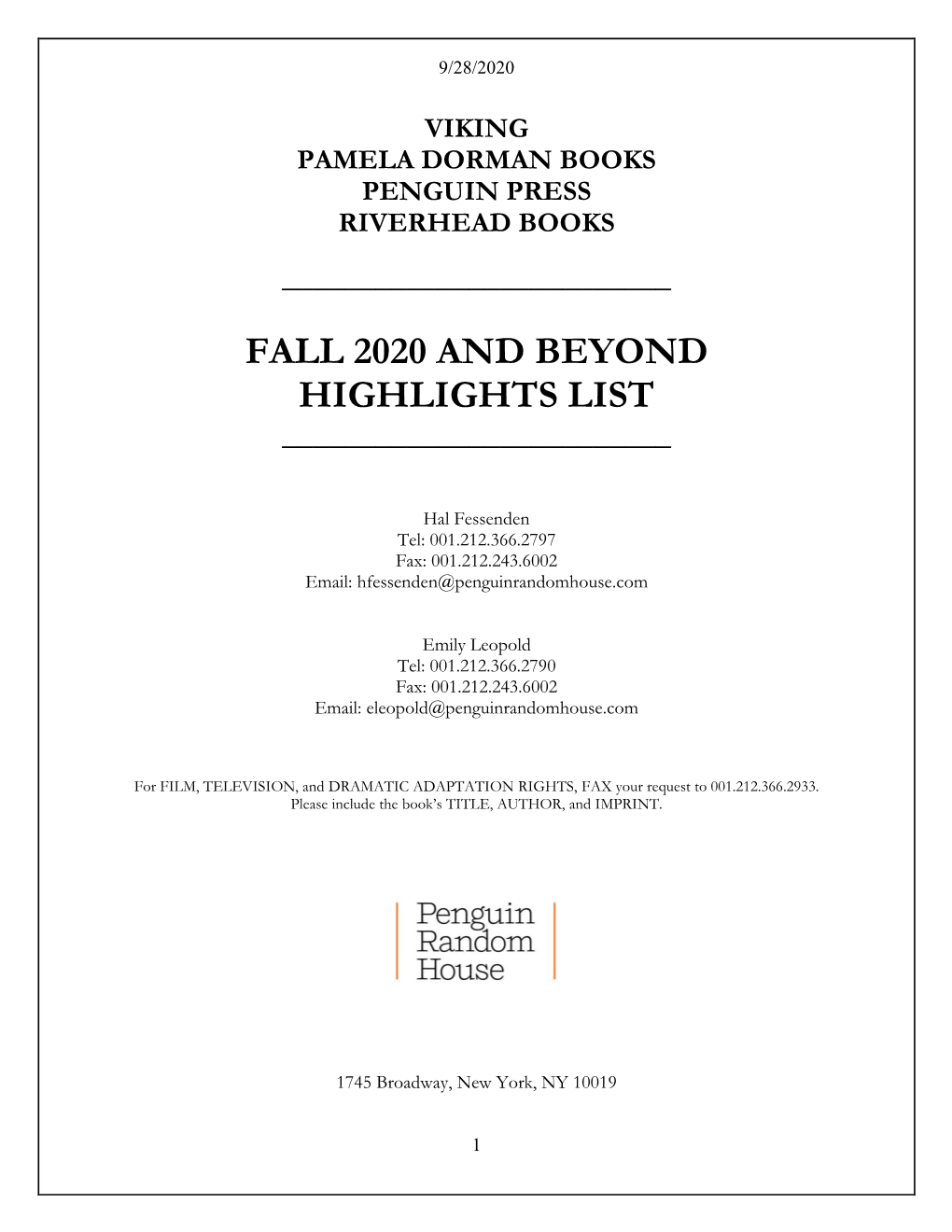 Fall 2020 and Beyond Highlights List ______