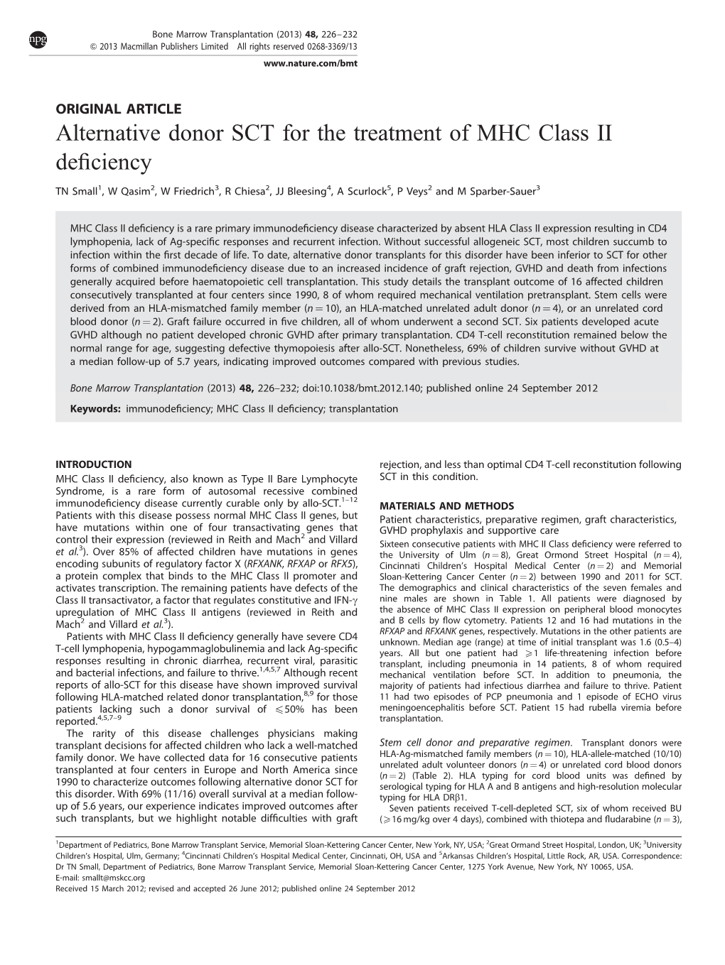 Alternative Donor SCT for the Treatment of MHC Class II Deficiency