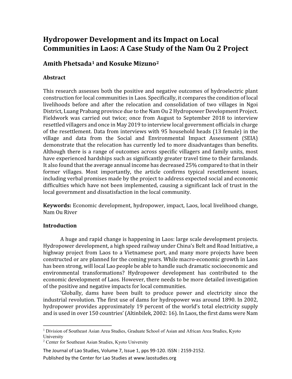 Hydropower Development and Its Impact on Local Communities in Laos: a Case Study of the Nam Ou 2 Project