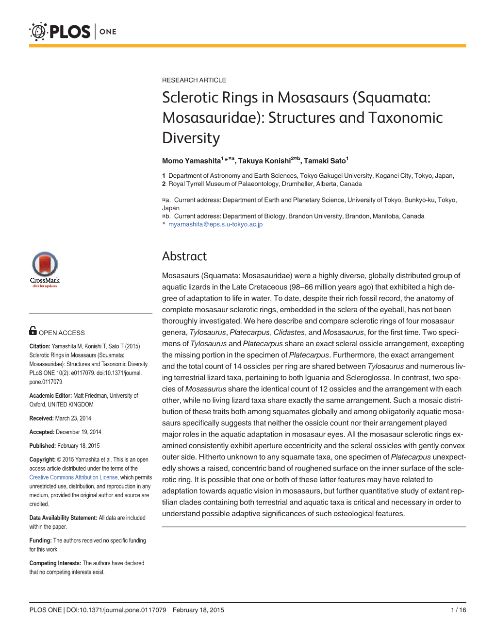 Sclerotic Rings in Mosasaurs (Squamata: Mosasauridae): Structures and Taxonomic Diversity