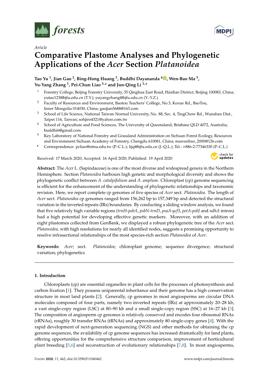 Comparative Plastome Analyses and Phylogenetic Applications of the Acer Section Platanoidea