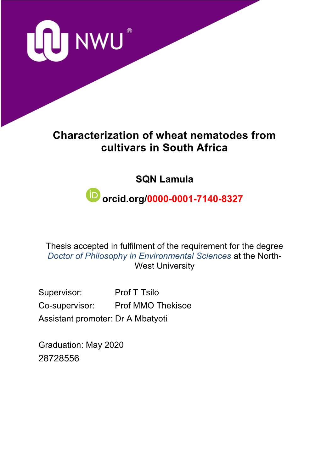 Characterization of Wheat Nematodes from Cultivars in South Africa