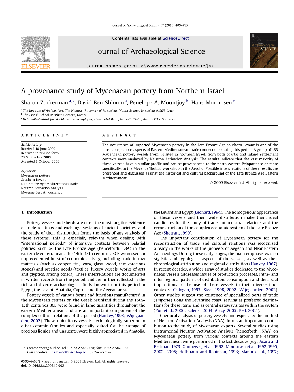 A Provenance Study of Mycenaean Pottery from Northern Israel