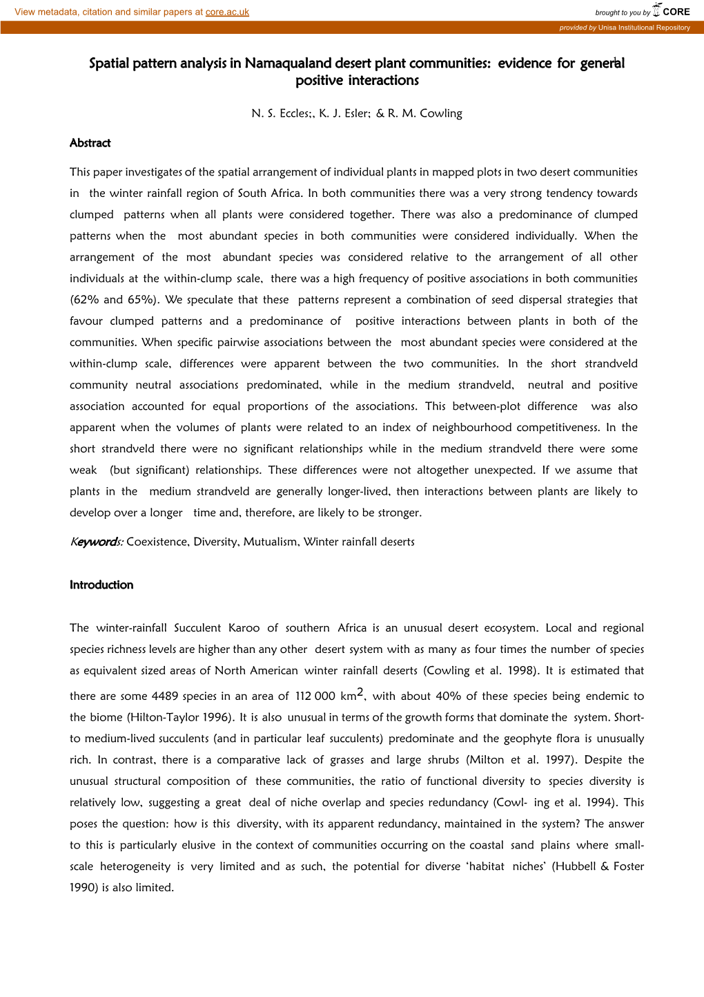 Spatial Pattern Analysis in Namaqualand Desert Plant Communities: Evidence for General1 Positive Interactions