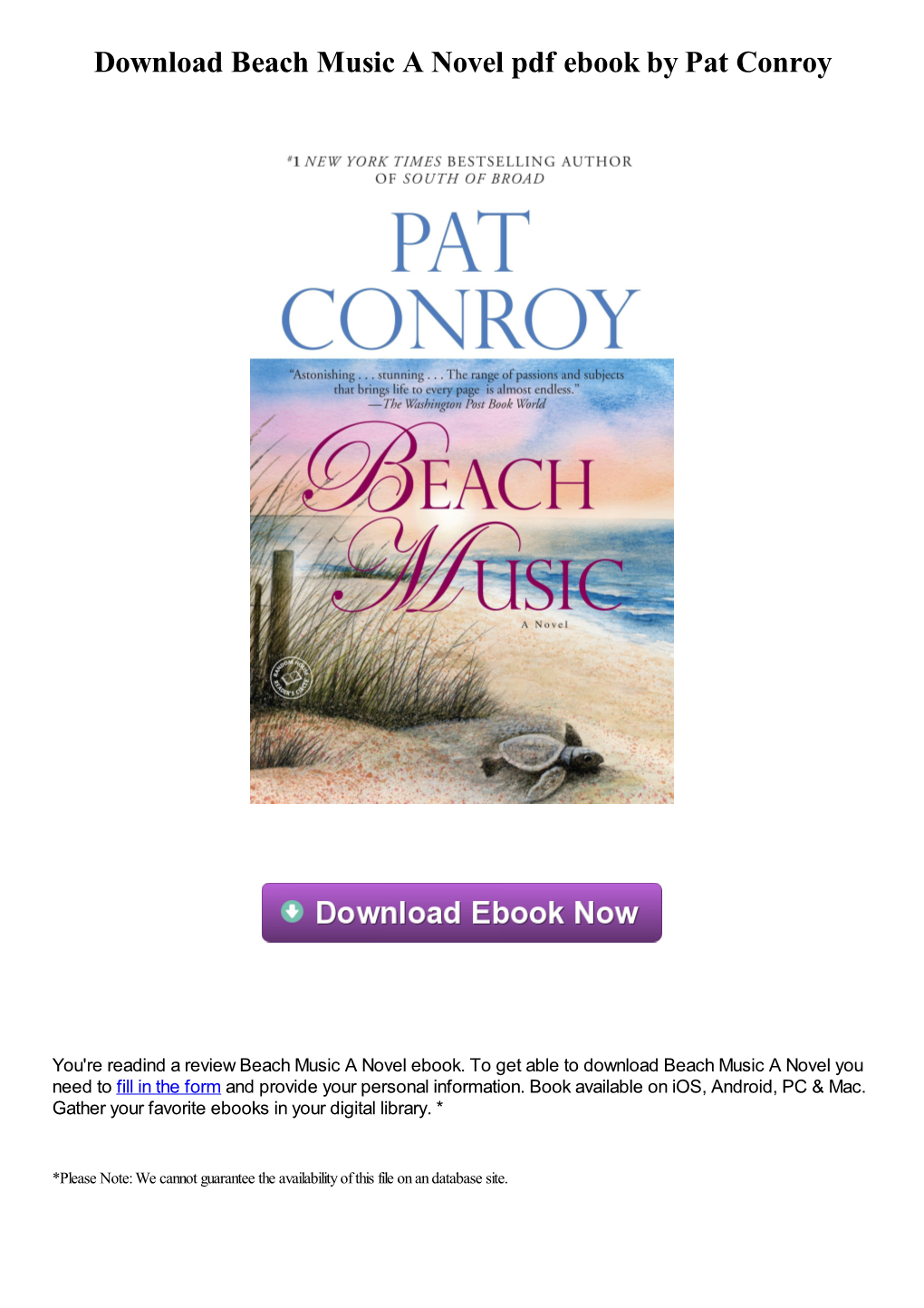 Download Beach Music a Novel Pdf Book by Pat Conroy