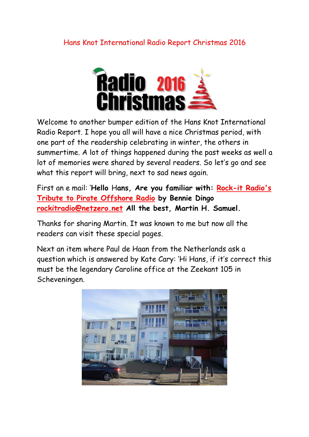 Hans Knot International Radio Report Christmas 2016 Welcome To