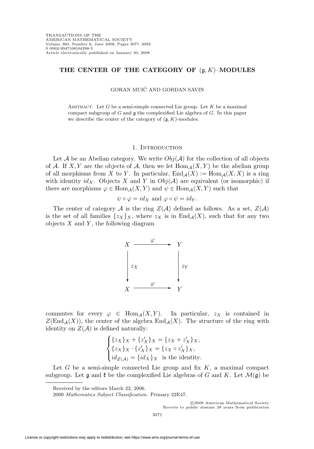 MODULES 1. Introduction Let a Be an Abelian Category. We Write Obj(A)