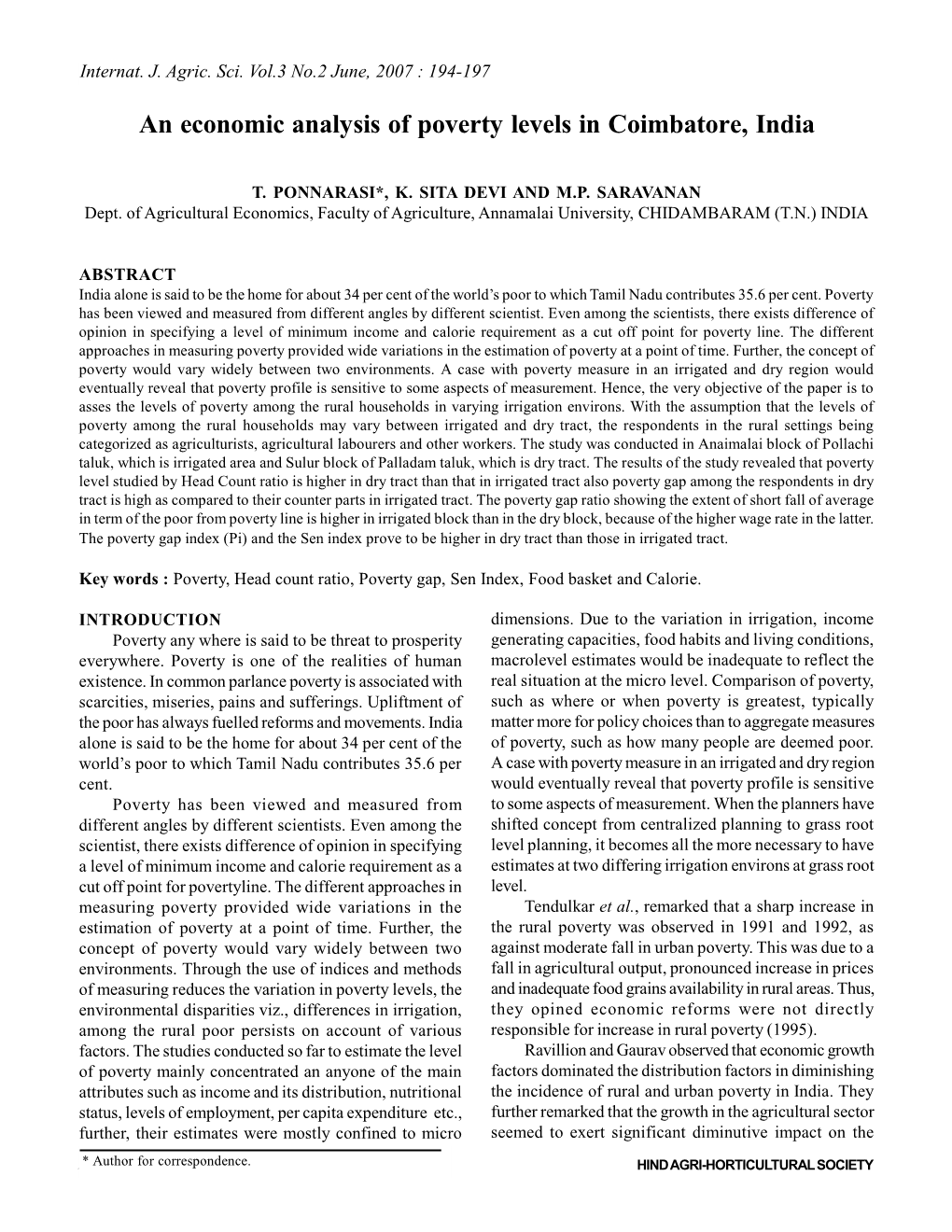 An Economic Analysis of Poverty Levels in Coimbatore, India