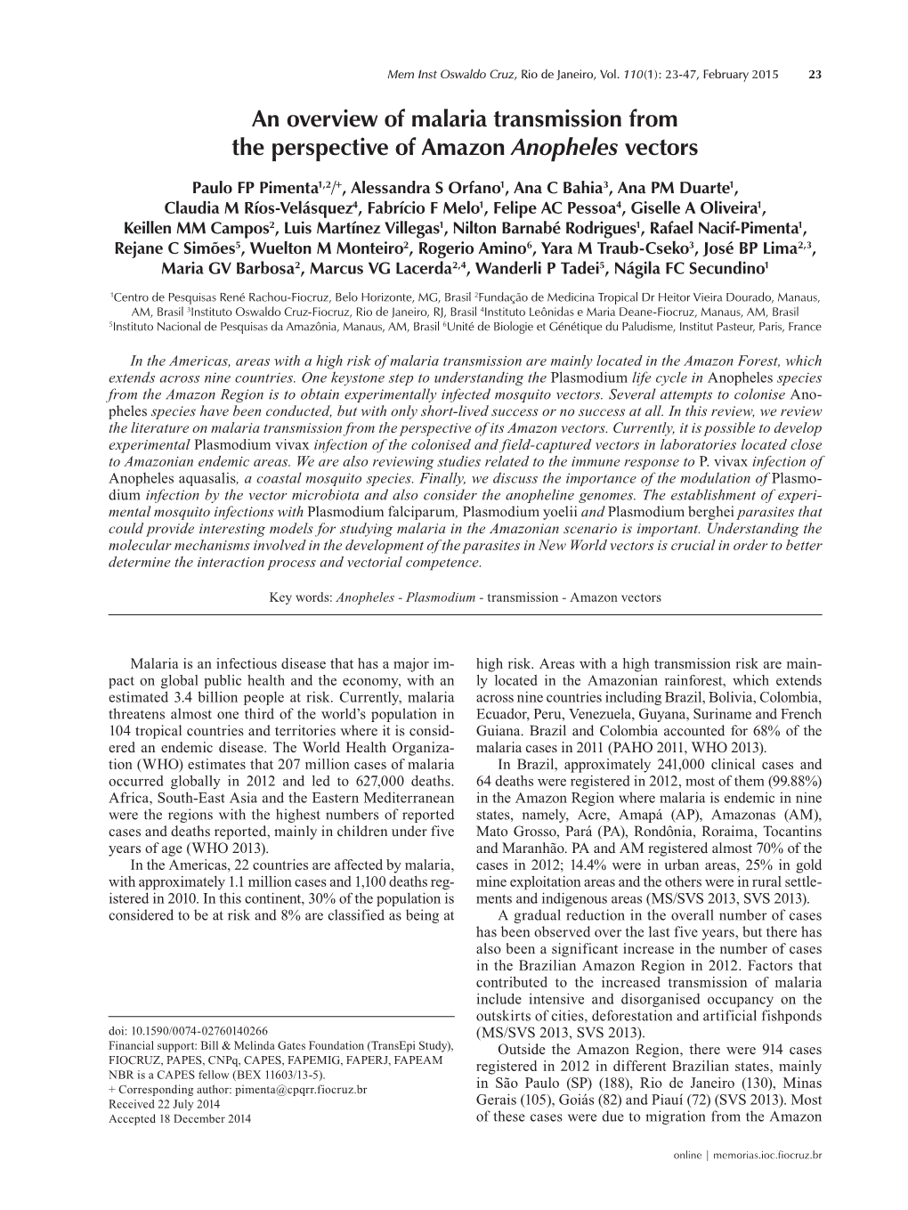 An Overview of Malaria Transmission from the Perspective of Amazon Anopheles Vectors